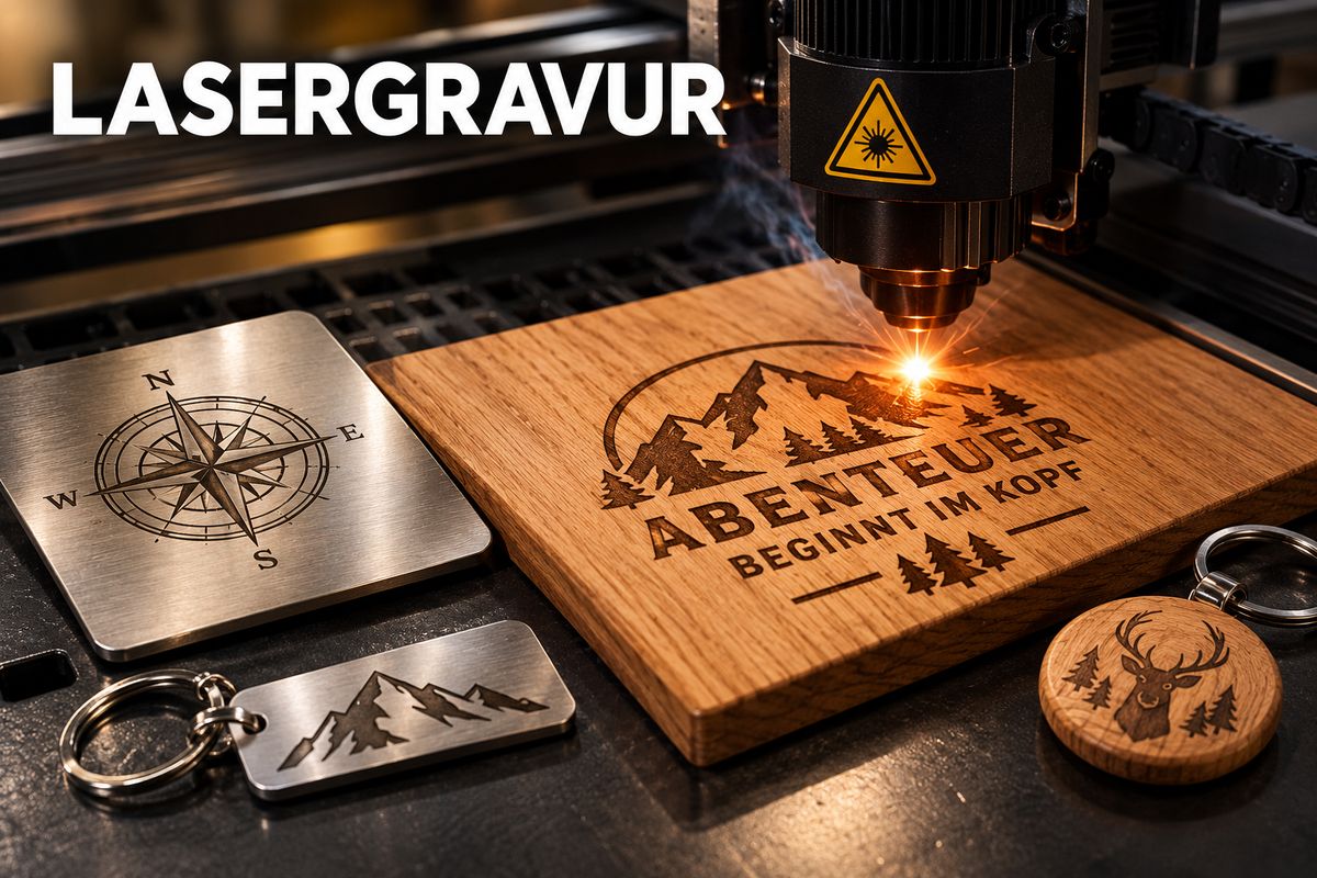 Lasergravur auf Holz und Edelstahl: Holzbrett mit Bergmotiv, Kompass auf Metall und gravierte Schlüsselanhänger