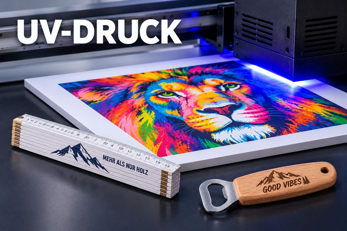 UV-Druck: buntes Löwenmotiv auf einer weißen Platte, bedruckter Zollstock und Flaschenöffner